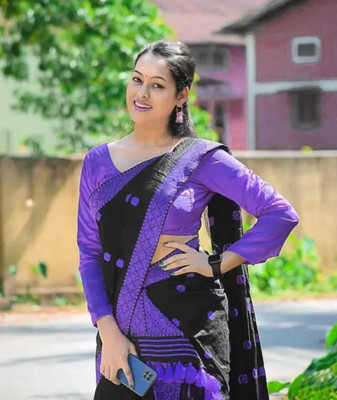 khodalenteprise Woven Mekhela Chador Cotton Blend Saree(Black)