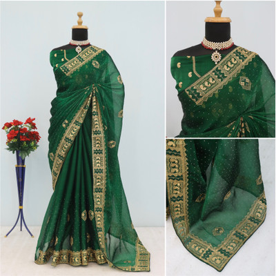 Mikhushop Embroidered Bollywood Jimmy choo Saree(Green)