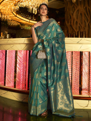 Sareemall Woven Banarasi Silk Blend Saree(Blue)