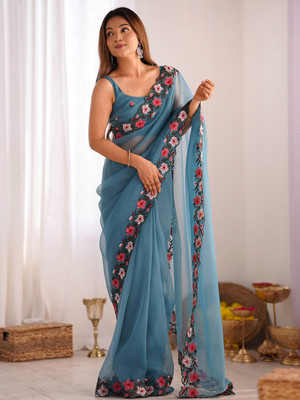 Tasrika Embroidered Bollywood Silk Blend Saree(Blue)