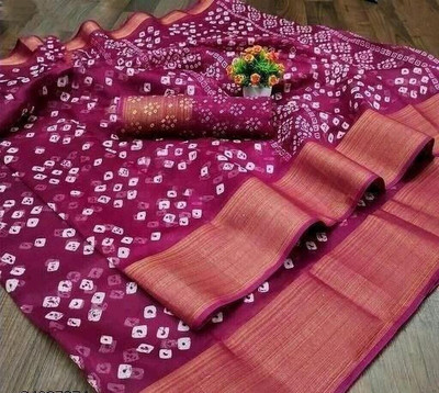 METHRIN CREATION Polka Print Bandhani Cotton Blend Saree(Purple)