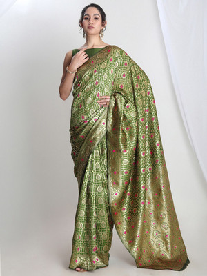 Janasya Woven Banarasi Silk Blend Saree(Green)