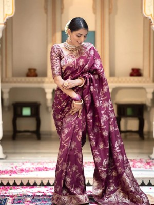 SEASON FAB Self Design, Applique, Blocked Printed, Checkered Banarasi Jacquard, Art Silk Saree(Purple)