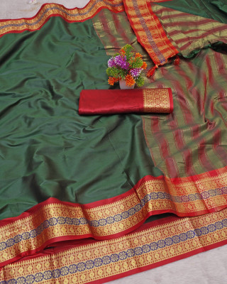 AARMICREATION Woven Banarasi Cotton Silk Saree(Green)