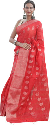 mynok Paisley, Woven Banarasi Cotton Blend, Art Silk Saree(Red)