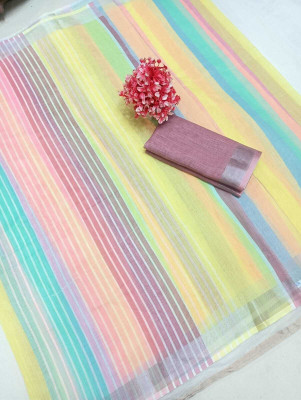 HangerStories Printed Kanjivaram Cotton Linen, Linen Saree(Multicolor)