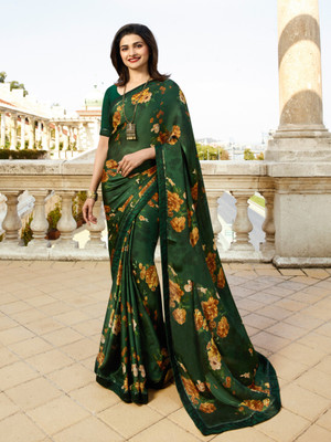 Fancy Fab Woven Bandhani Georgette, Chiffon Saree(Green, Orange)