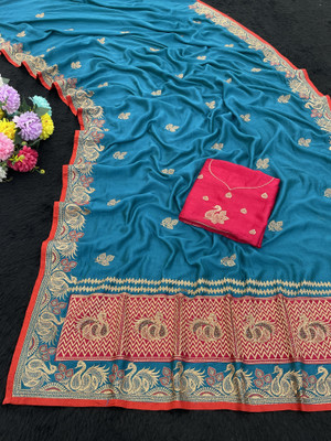 CHAMUNDA CREATION Embroidered Bollywood Pure Silk Saree(Light Blue)