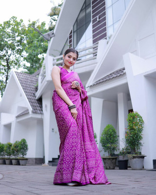 DHYEY CREATION Printed Bandhani Pure Silk, Silk Blend Saree(Purple)
