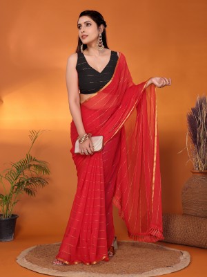 FABMORA Striped, Solid/Plain Bollywood Chiffon Saree(Red)