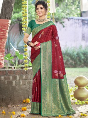 BUNAWAT Woven Handloom Silk Blend Saree(Maroon)