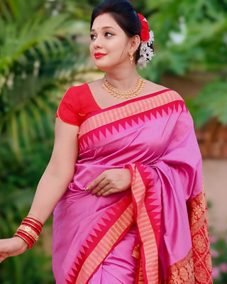Sijileen Temple Border, Solid/Plain Sambalpuri Silk Blend Saree(Pink)