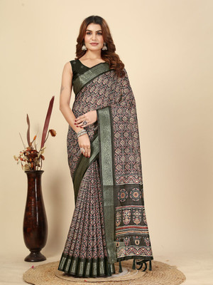 J6 Designers Blocked Printed Mysore Art Silk Saree(Green, Beige)