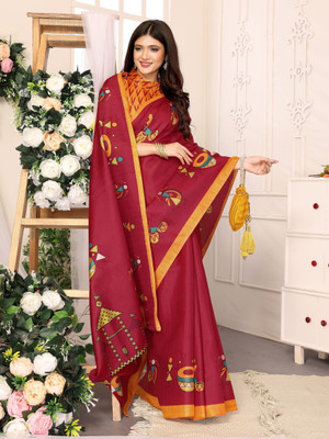 YASHIKA Printed Kalamkari Silk Blend, Art Silk Saree(Maroon)