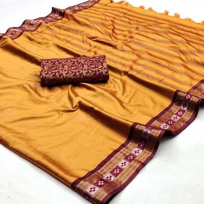 KHODALSAREEFEB Solid/Plain, Woven Sambalpuri Cotton Blend Saree(Yellow)