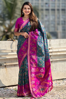 ROOP LAVANYA Woven Patola Cotton Silk, Jacquard Saree(Purple, Light Blue)