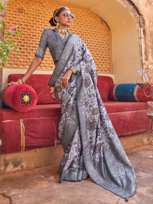 ANOUK Printed Chinnalapattu Silk Blend Saree(Pack of 2, Grey)
