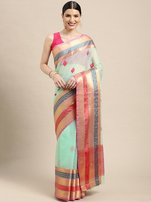 Leeza Store Embellished, Embroidered, Self Design, Solid/Plain, Woven Kota Doria Silk Blend Saree(Green)