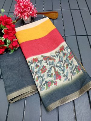 HouseOfCommon Floral Print Kanjivaram Linen, Cotton Linen Saree(Multicolor)
