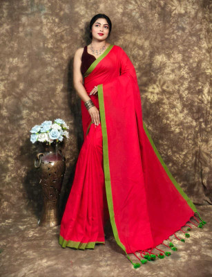 SRINJAN FASHION Solid/Plain Daily Wear Cotton Linen Saree(Red, Green)