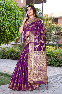 RIVETSTYLE Woven Bollywood Silk Blend, Jacquard Saree(Purple)