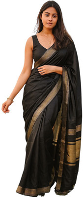 Montauk Fabians Woven, Solid/Plain Banarasi Cotton Blend Saree(Black)