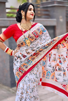 HouseOfCommon Printed Sambalpuri Pure Cotton Saree(White)