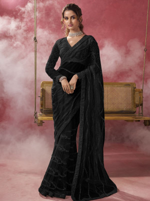 odette Embellished Saree with Attached Blouse Net Saree(Pack of 2, Black)