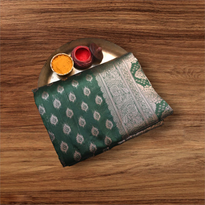 TRIKUTA Woven Saree with Attached Blouse Linen Saree(Dark Green)