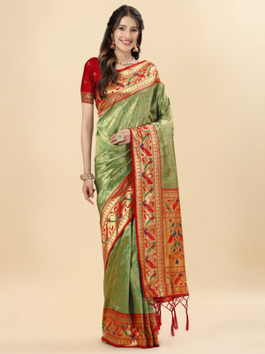 Divastri Woven Paithani Pure Silk Saree(Dark Green)