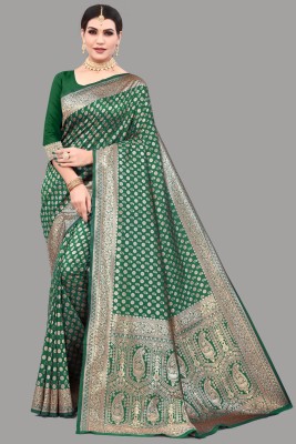 THE ETHNIC SAREE STUDIO Woven Kanjivaram Pure Silk Saree(Dark Green)