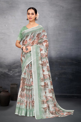 HouseOfCommon Floral Print Bollywood Cotton Linen Saree(Green)