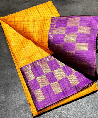 JbWorld Checkered, Woven, Self Design, Embellished Chettinadu Jacquard, Cotton Silk Saree(Yellow, Purple)