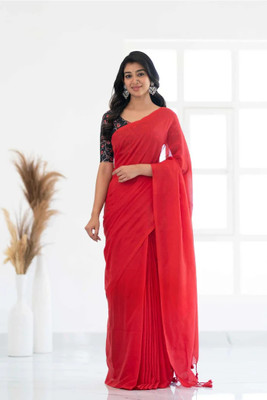 Padma Solid/Plain Saree with Attached Blouse Pure Cotton Saree(Red)