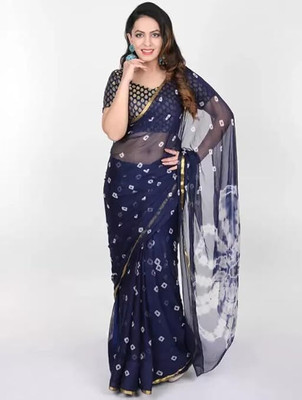 Durga Emporio Geometric Print Bandhani Chiffon Saree(Dark Blue)