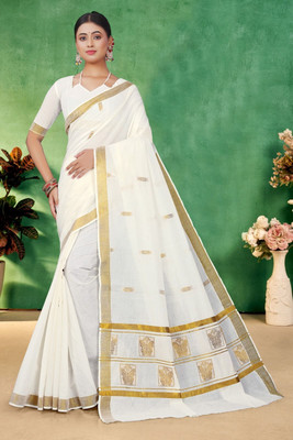 Hk Group Woven, Self Design Kasavu Pure Cotton Saree(White)