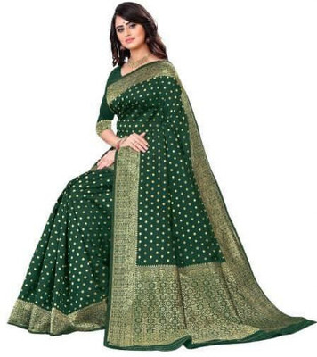 hitesh pahuja Polka Print, Woven Banarasi Cotton Silk Saree(Dark Green)