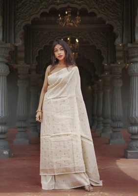 HouseOfCommon Striped Banarasi Pure Silk Saree(White)