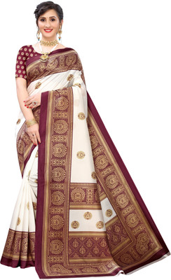 HouseOfCommon Printed Mysore Art Silk Saree(White, Maroon)