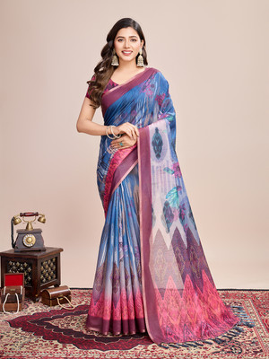Yogik Creation Floral Print Banarasi Linen Saree(Blue)