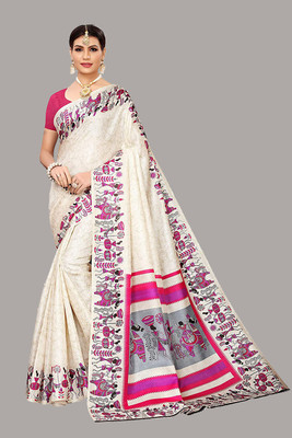 Priyashi Printed Kalamkari Art Silk Saree(White, Pink)