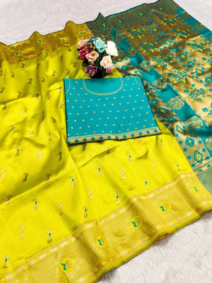 SICHYAH Printed Paithani Silk Blend Saree(Yellow)
