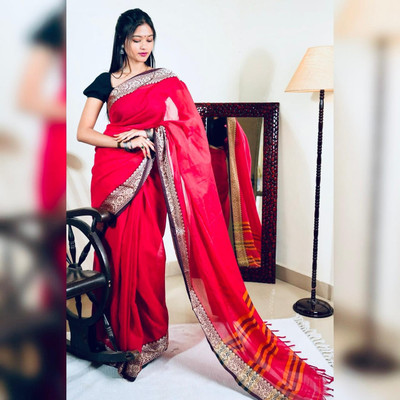 WeaveAura Woven, Solid/Plain Handloom Cotton Silk Saree(Red)