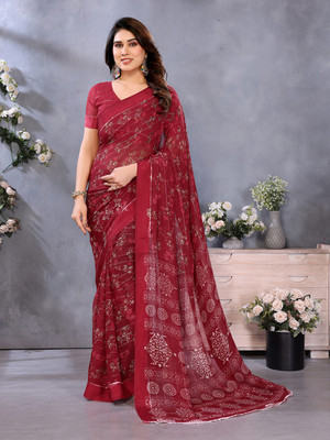 Anand Sarees Printed Ikkat Georgette, Satin Saree(Maroon)