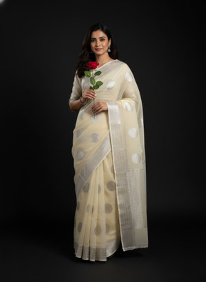 Afronza Woven, Self Design, Striped Kota Doria Cotton Blend, Organza Saree(Cream)