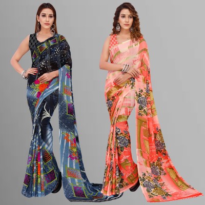 kashvi sarees Floral Print Daily Wear Georgette Saree(Pack of 2, Blue, Grey, Multicolor)