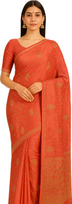 EZIESHREE Printed Daily Wear Linen Saree(Orange)