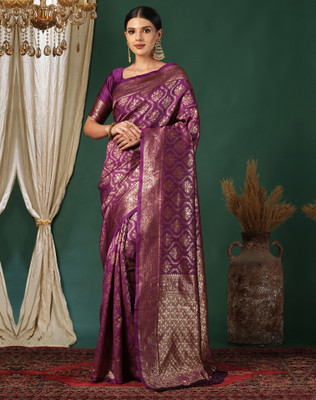 Divastri Woven, Embellished Kanjivaram Silk Blend, Jacquard Saree(Purple)
