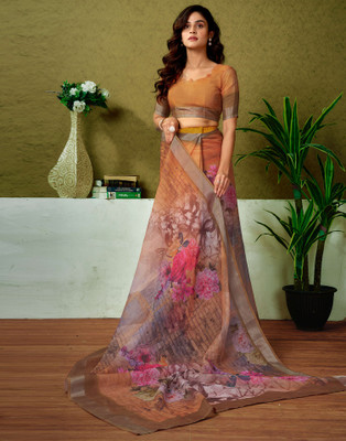 Samah Floral Print, Printed, Embellished Bollywood Linen Saree(Orange)
