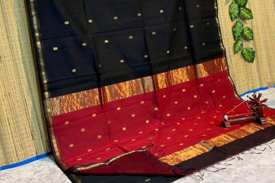 shaoncreation Woven, Printed Handloom Cotton Silk Saree(Red, Black)